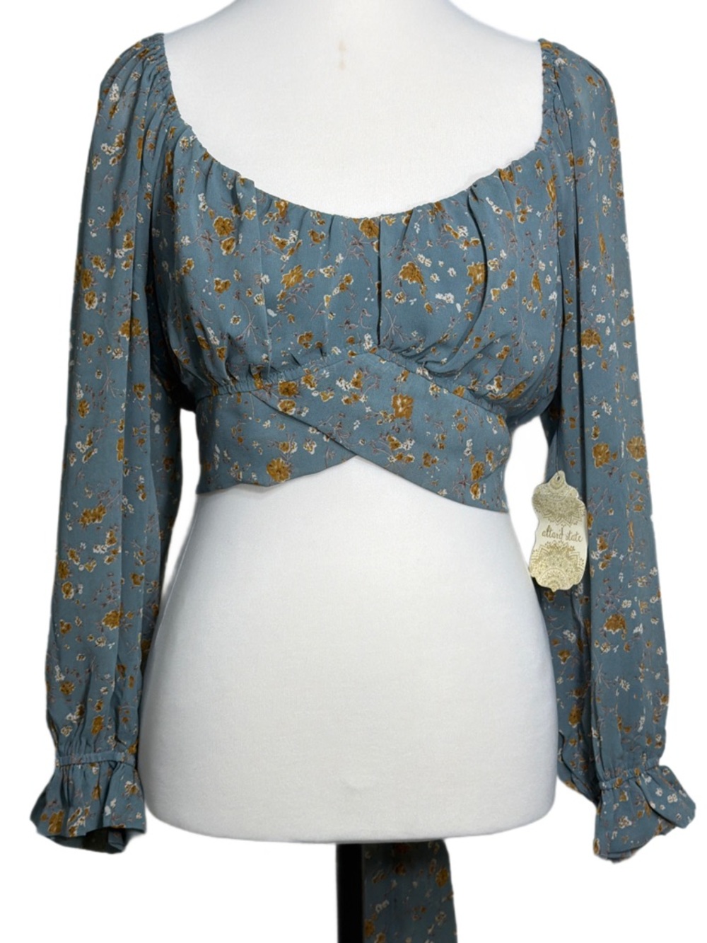 Altar’d State Floral Long-Sleeve Crop Top in Blue & Camel